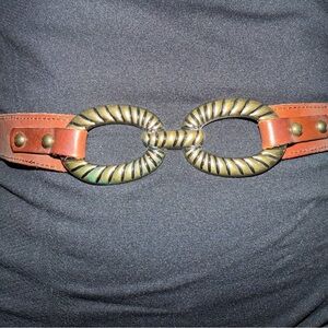 Anthropologie Brown Leather Belt with Antique Gold Oval Buckles